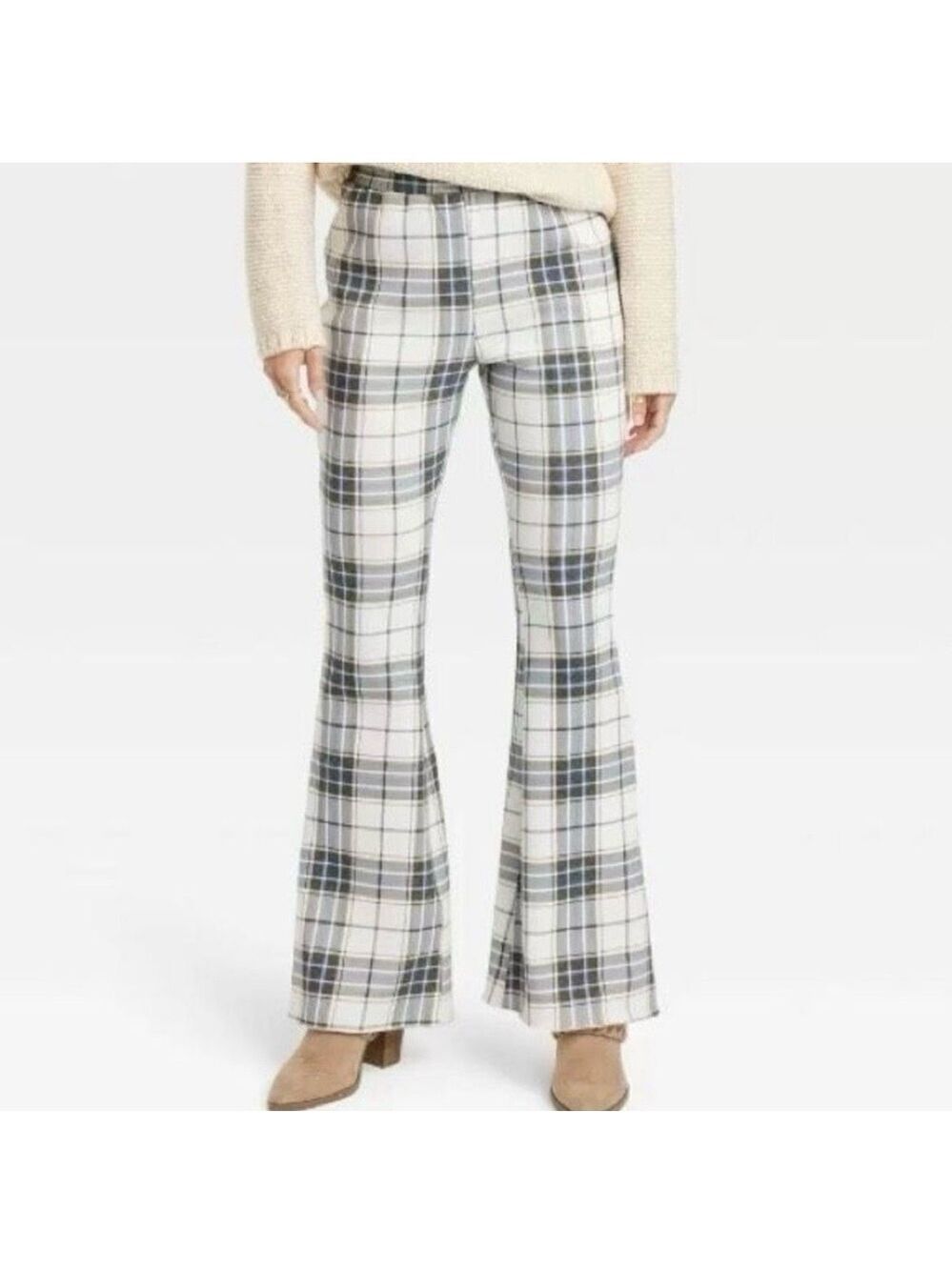 Grayson Threads Women’s Plaid Flare Pants Cream, Gray & White Size: Small